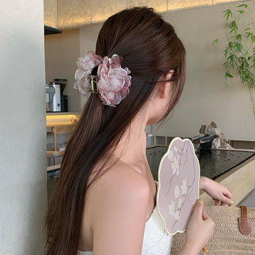 Sheer Mesh Flower Hair Claw Clip Blue Floral Style