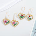 Gold Tone Pressed Flower Heart Drop Earrings with Long Hooks view 5