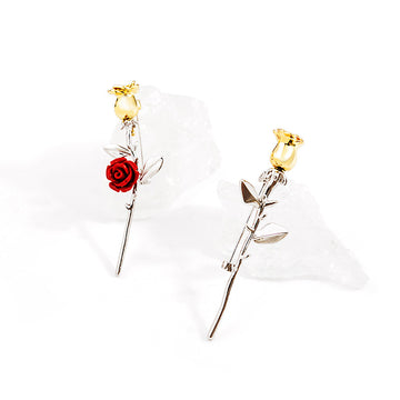 Metal Rose Stem Brooch Silver Stem Gold Bud Lapel Pin