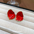 Red Irregular Enamel Statement Stud Earrings With Gold Tone Edges view 2