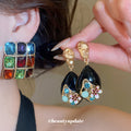 Statement Drop Earrings with Black Floral or Multicolor Grid Designs view 2