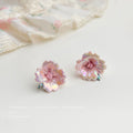 Pink Layered Flower And Green Leaf Stud Earrings For Women view 4