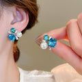 Blue Square Crystal Pearl Cluster Stud Earrings Fashion Jewelry view 4