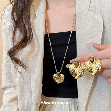Gold Hammered Heart Tiger Eye Necklace And Stud Earrings