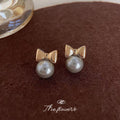 Silver Bow White Pearl Stud Earrings Mini Metal Ribbon view 4