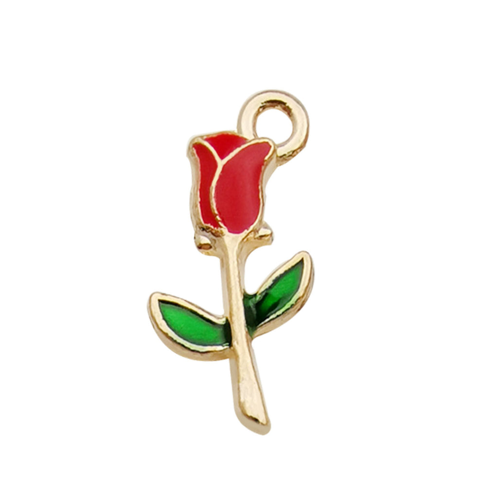 K Gold Tone Enamel Zinc Alloy Rose Flower Charm Pendant for DIY Bracelet Keychain