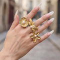 Oversized Pearl Center Flower Rings in Three Gold Tone Designs view 2