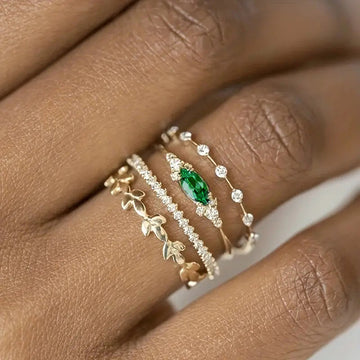 Four Piece Marquise Green Leaf Stack Alloy Finger Ring Set