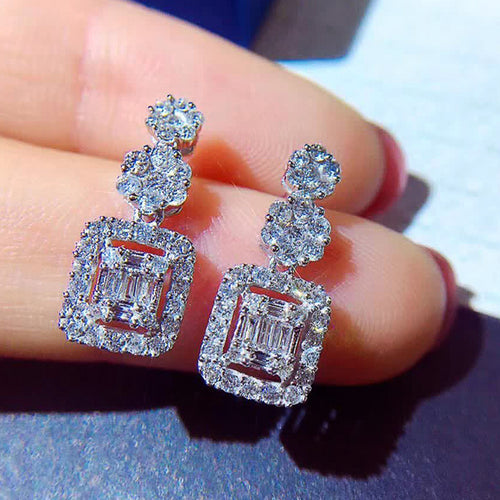 Rectangular Double Halo Crystal Drop Earrings, front view.