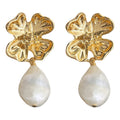 Gold Tone Flower Stud Earrings Baroque Pearl Drops view 5