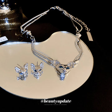 Silver Tone Crystal Cat Head Stud Earrings and Necklace