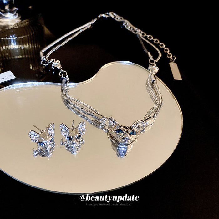 Silver Tone Crystal Cat Head Stud Earrings and Necklace
