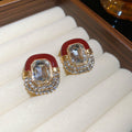 Crystal Framed Enamel Oval Stud Earrings Decorative Jewelry Design view 8