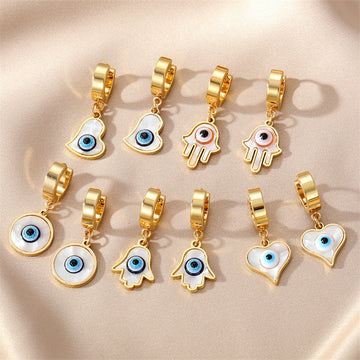 Gold Tone Mother of Pearl Evil Eye Huggie Drop Earrings
