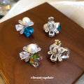 Crystal Square and Pearl Clip-On Stud Earrings with Polished Metal Details view 2