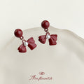 Wine Red Enamel Ball Stud Bow Pearl Drop Earrings Pair view 4