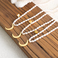 White Pearl Necklace Gold Crescent Moon Cube Charm Pendant view 2