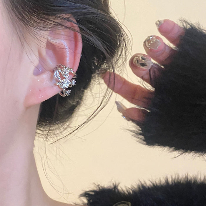 Silver Crystal Flower Ear Cuff With Layered Petals