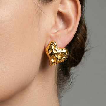 Hammered Texture Heart Stud Earrings Gold Steel Bold Metal