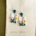 Polymer Clay White Tulip Rectangle Drop Earrings Green Stud view 4
