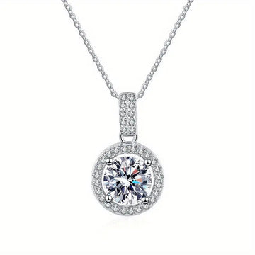 White Gold Round Clear Halo Pendant Necklace Metal Alloy