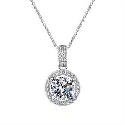 White round clear halo pendant necklace hanging on white background