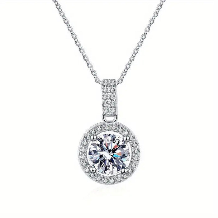 White Gold Round Clear Halo Pendant Necklace Metal Alloy