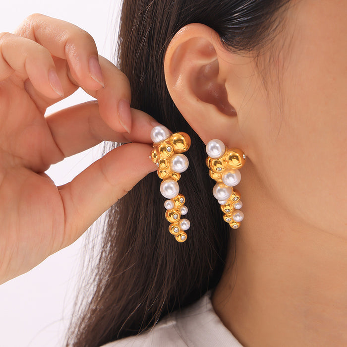 Gold Pearl Cluster Drop Earrings With Crystal Accents