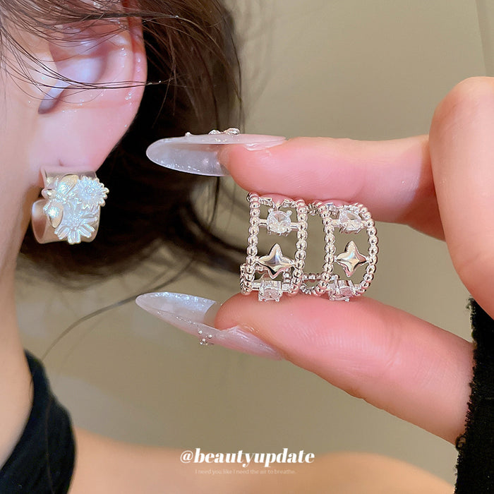 Silver Crystal Stud Earrings In Square And Flower Styles
