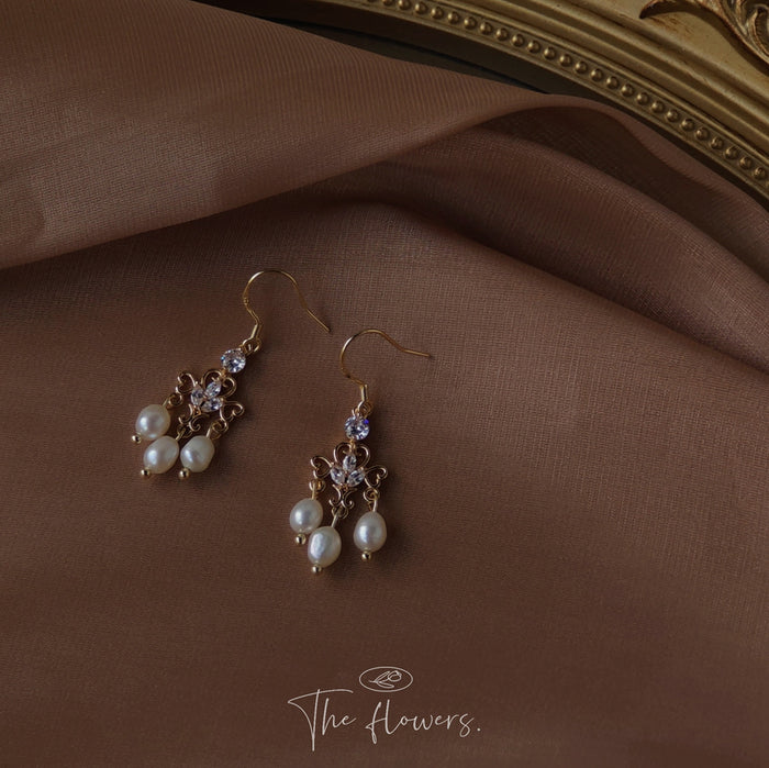 Gold Tone Scroll Branch Purple Stone And Pearl Drop Earrings