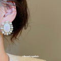 Iridescent Oval Crystal Halo Stud Earrings in Gold Tone view 3