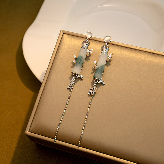 Opalescent Fish Chinese Character Long Chain Stud Earrings