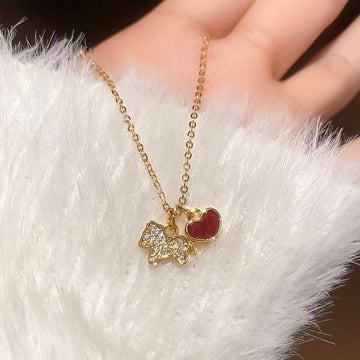 Gold Tone Puppy and Red Heart Pendant Necklace Jewelry Design