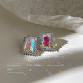 Silver-Tone Iridescent Rectangle Halo CZ Stud Earrings view 4