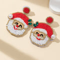 Beaded Santa Claus Face Drop Earrings Red White Gold Tone view 4