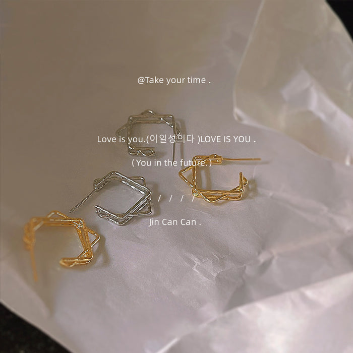 Gold Geometric Square Twisted Wire Stud Earrings Pair