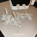 White Petal Pearl Branch Long Statement Drop Earrings view 3