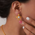 Flower Petal Stud Earrings White Pearl Center Gold Steel view 3