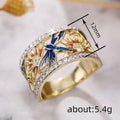 Gold Tone Enamel Dragonfly Lotus Band Ring With CZ Edges view 4