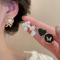 Five Pair Gold Black Enamel Pearl Mixed Stud Earring Set view 2