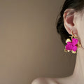 Gold Fuchsia Sculpted Flower Drop Earrings Statement Jewelry view 2