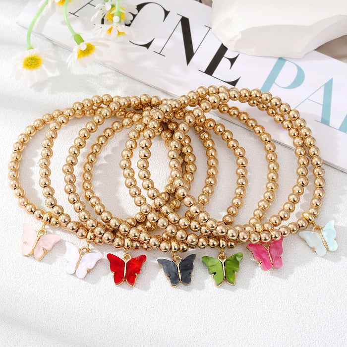 Gold Tone Beaded Colorful Butterfly Charm Stretch Bracelets