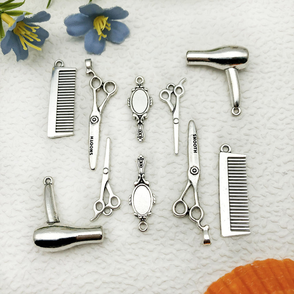 Zinc Alloy Comb Hair Dryer Scissors Mirror Barber Tool Charm Pendants for DIY Jewelry