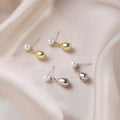 Three Pearl Look and Teardrop Geometric Stud Earrings view 1