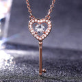 Rose Gold Tone Heart Key Clear Stone Pendant Necklace view 1