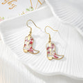 Gold Tone Cowboy Boot Pressed Flower Drop Earrings in Six Designs view 3