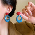 Color Block Round Drop Earrings in Red Blue and Beige view 3