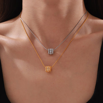 Pave Barrel Bead Pendant Necklace Snake Chain Gold Steel