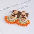 Orange Beaded Ornate Gold Tone Chandelier Earrings view 2