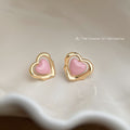 Gold Wavy Open Heart Frame Pink Enamel Heart Stud Earrings view 4